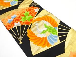 アンティーク　扇に鶴・紅葉模様織り出し袋帯（着用可）